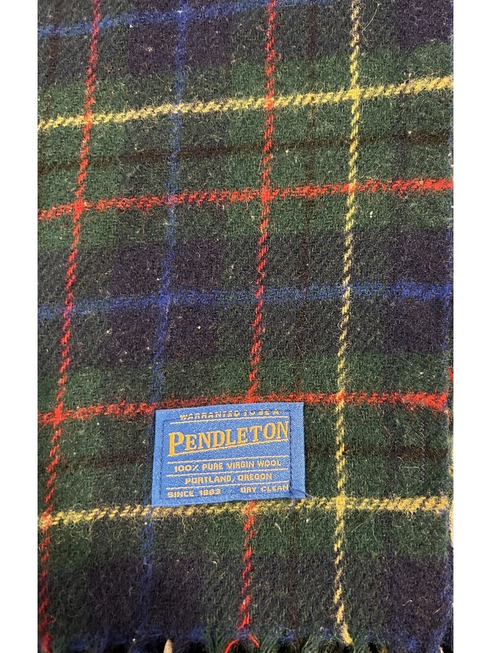 Pendleton 100% Virgin Wool Throw Blanket Green Tartan Multicolor Fringe 66"x50"